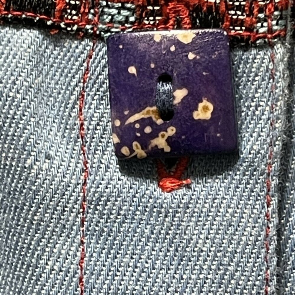 Vintage Alex Kim Denim Shirt Size M With Patterned Panels & Stone Buttons - Picture 6 of 7